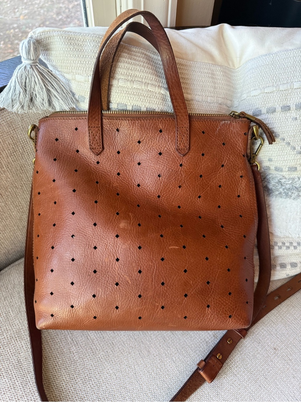 Madewell Brown Leather Perforated Crossbody Tote